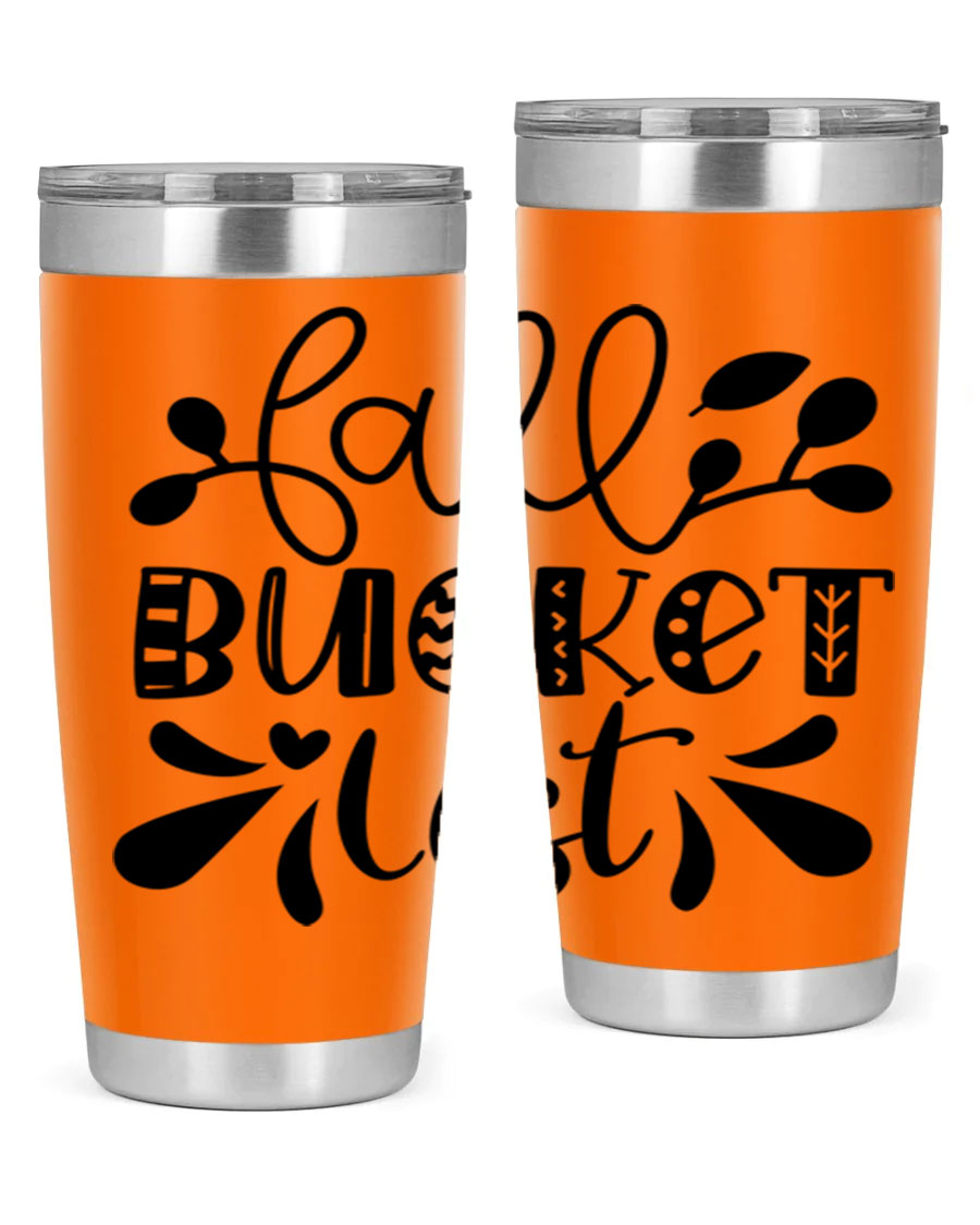 Fall Bucket List 20oz Tumbler made of stainless steel with a copper lining, featuring a drink-thru lid and a stylish autumn-themed design.