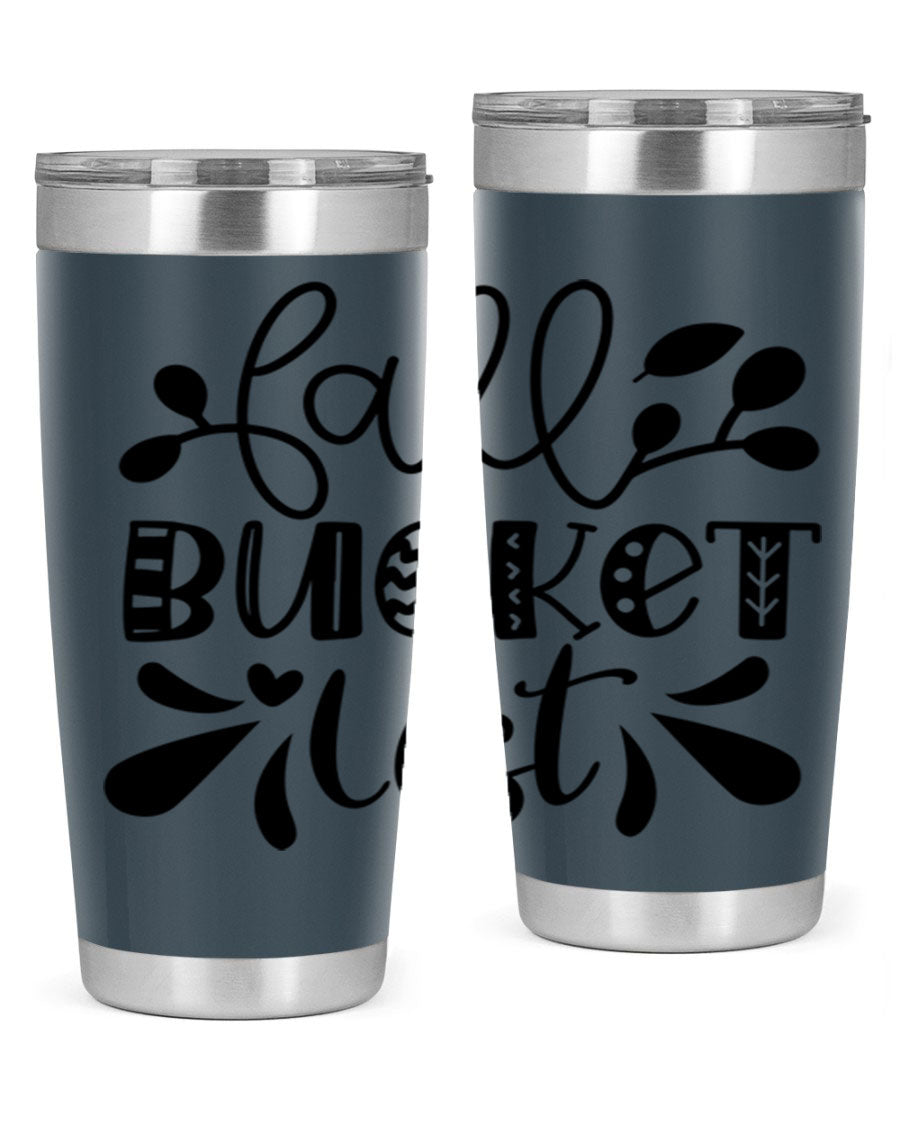 Fall Bucket List 20oz Tumbler made of stainless steel with a copper lining, featuring a drink-thru lid and a stylish autumn-themed design.