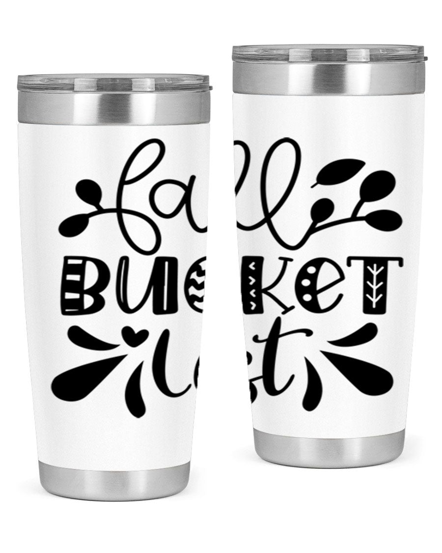 Fall Bucket List 20oz Tumbler made of stainless steel with a copper lining, featuring a drink-thru lid and a stylish autumn-themed design.