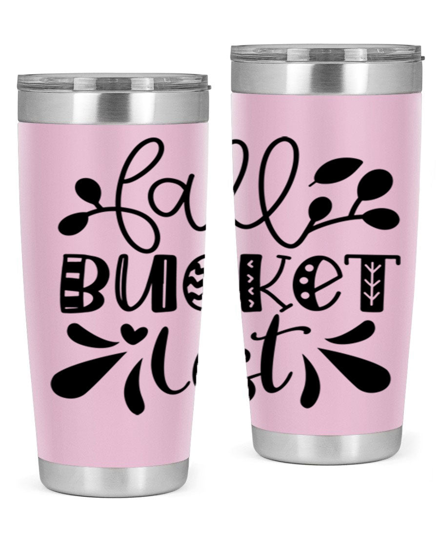Fall Bucket List 20oz Tumbler made of stainless steel with a copper lining, featuring a drink-thru lid and a stylish autumn-themed design.