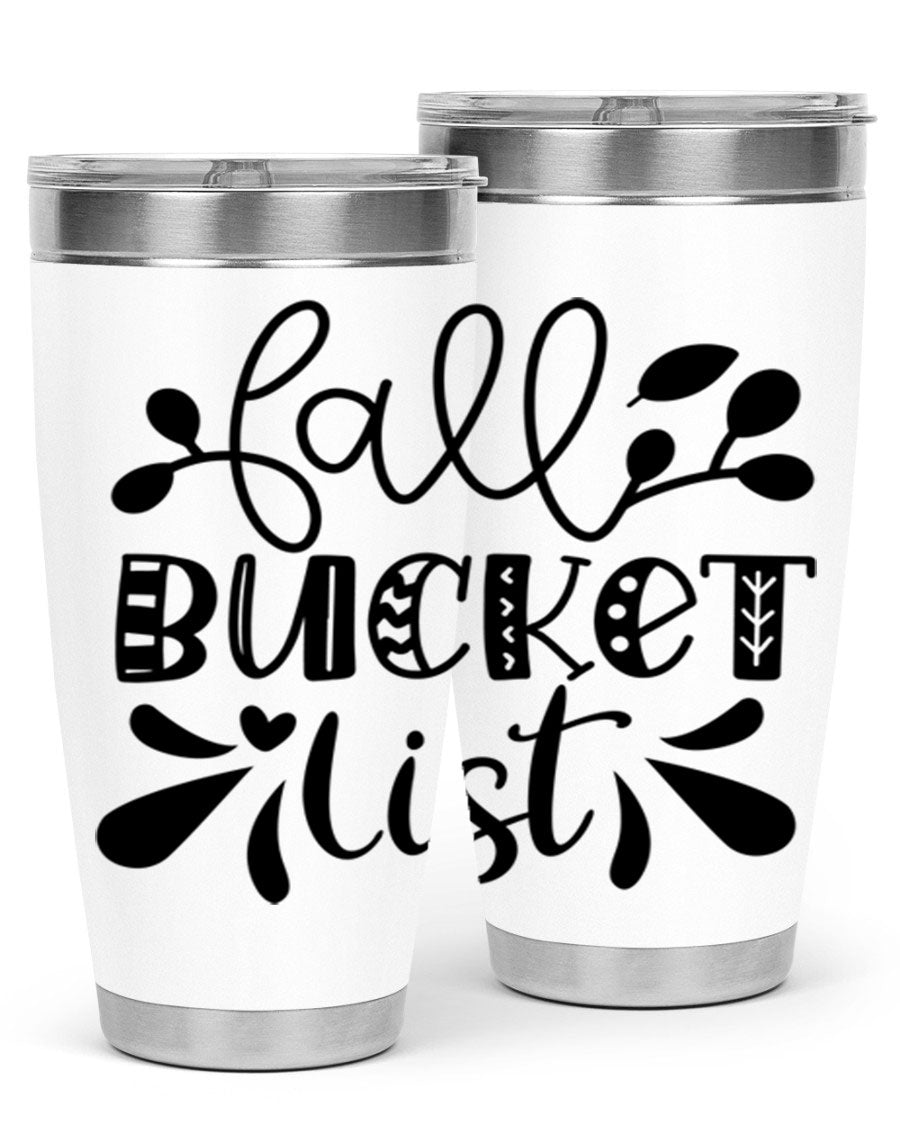 Fall Bucket List 20oz Tumbler made of stainless steel with a copper lining, featuring a drink-thru lid and a stylish autumn-themed design.