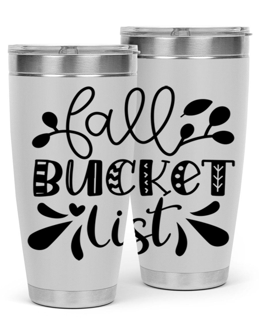 Fall Bucket List 20oz Tumbler made of stainless steel with a copper lining, featuring a drink-thru lid and a stylish autumn-themed design.