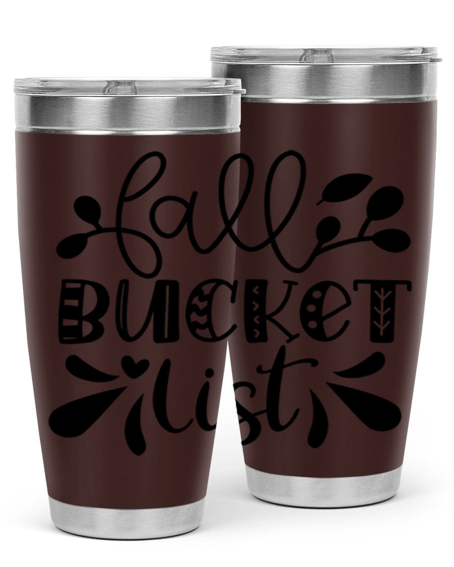 Fall Bucket List 20oz Tumbler made of stainless steel with a copper lining, featuring a drink-thru lid and a stylish autumn-themed design.