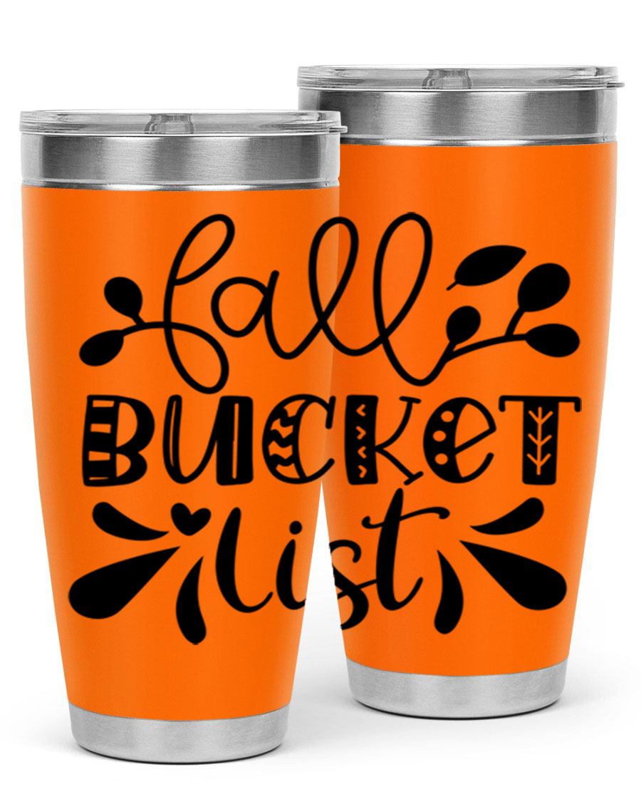 Fall Bucket List 20oz Tumbler made of stainless steel with a copper lining, featuring a drink-thru lid and a stylish autumn-themed design.