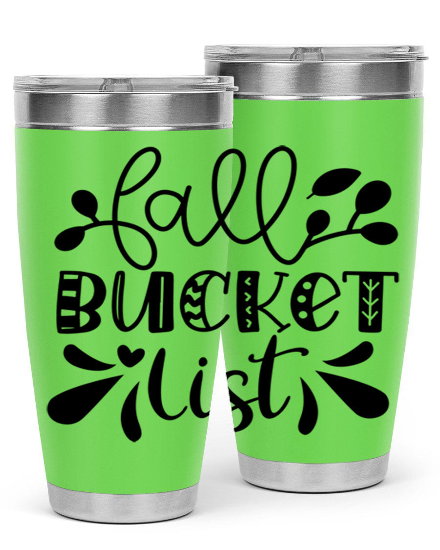 Fall Bucket List 20oz Tumbler made of stainless steel with a copper lining, featuring a drink-thru lid and a stylish autumn-themed design.