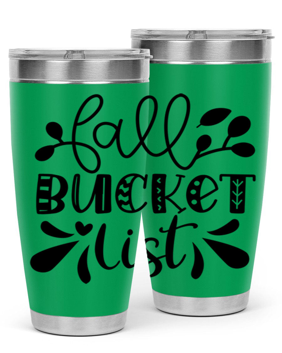 Fall Bucket List 20oz Tumbler made of stainless steel with a copper lining, featuring a drink-thru lid and a stylish autumn-themed design.