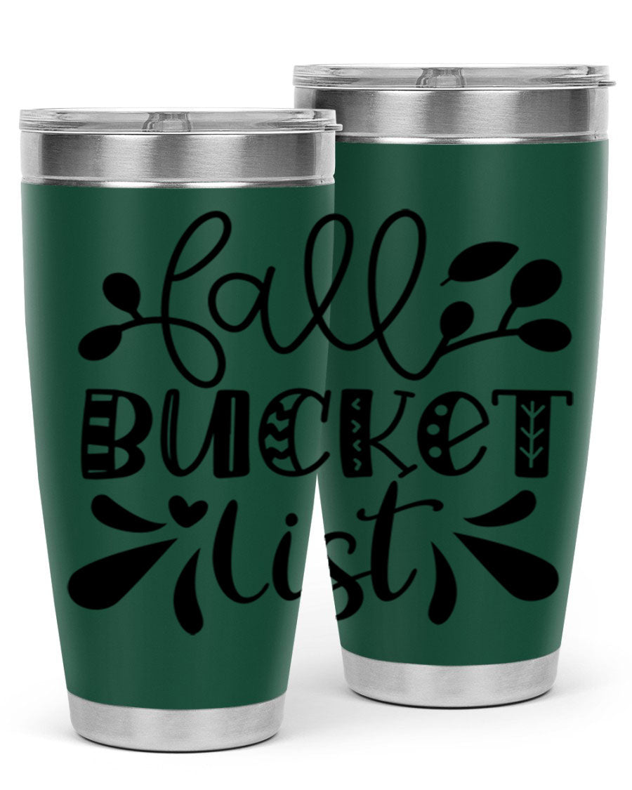 Fall Bucket List 20oz Tumbler made of stainless steel with a copper lining, featuring a drink-thru lid and a stylish autumn-themed design.