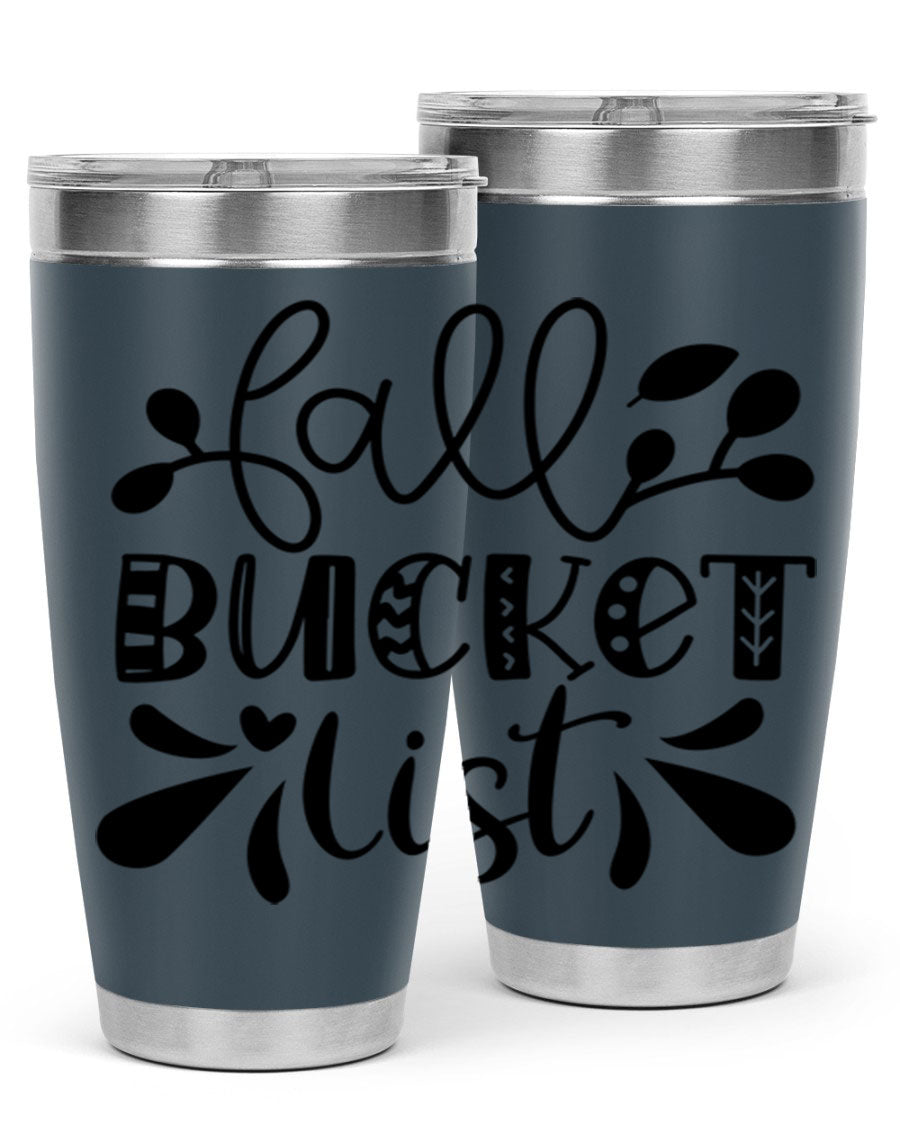 Fall Bucket List 20oz Tumbler made of stainless steel with a copper lining, featuring a drink-thru lid and a stylish autumn-themed design.