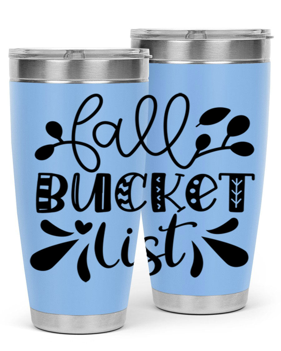 Fall Bucket List 20oz Tumbler made of stainless steel with a copper lining, featuring a drink-thru lid and a stylish autumn-themed design.
