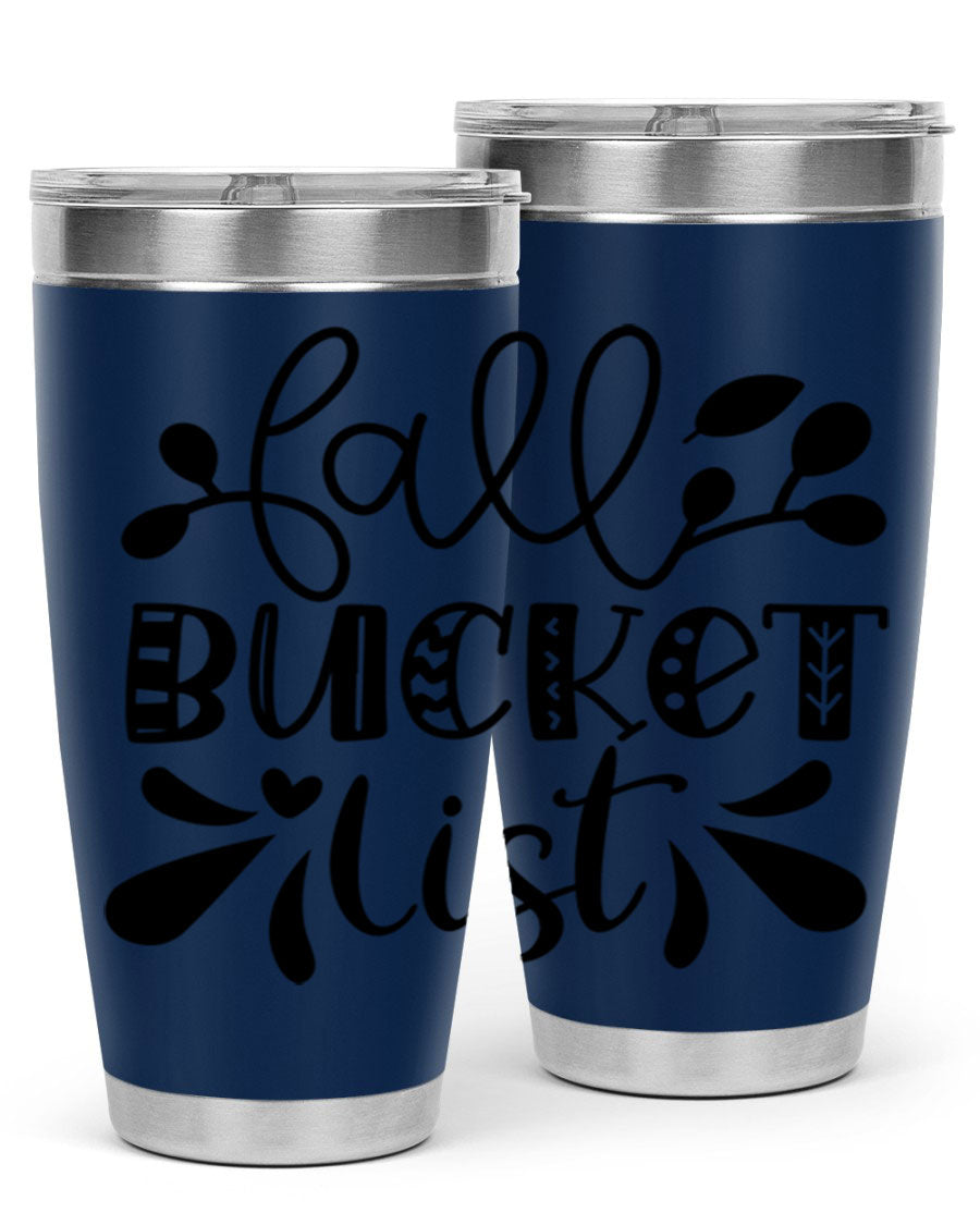 Fall Bucket List 20oz Tumbler made of stainless steel with a copper lining, featuring a drink-thru lid and a stylish autumn-themed design.