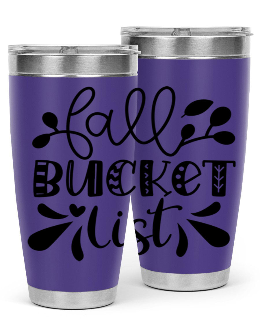 Fall Bucket List 20oz Tumbler made of stainless steel with a copper lining, featuring a drink-thru lid and a stylish autumn-themed design.
