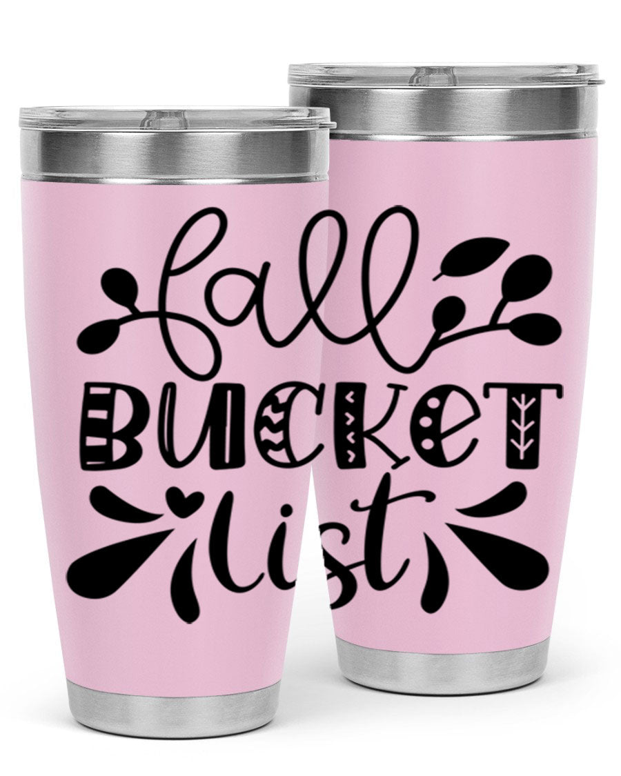 Fall Bucket List 20oz Tumbler made of stainless steel with a copper lining, featuring a drink-thru lid and a stylish autumn-themed design.