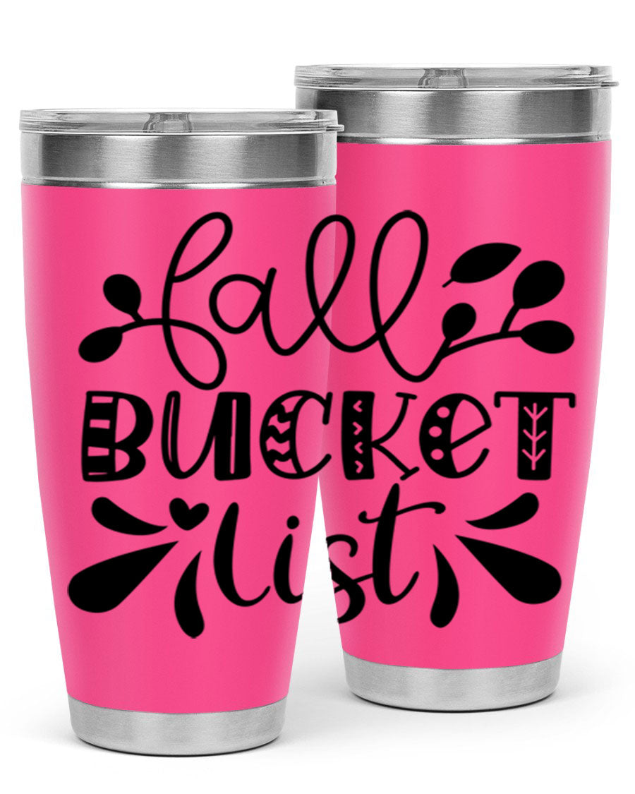 Fall Bucket List 20oz Tumbler made of stainless steel with a copper lining, featuring a drink-thru lid and a stylish autumn-themed design.