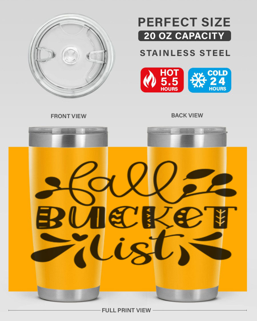 Fall Bucket List 20oz Tumbler made of stainless steel with a copper lining, featuring a drink-thru lid and a stylish autumn-themed design.
