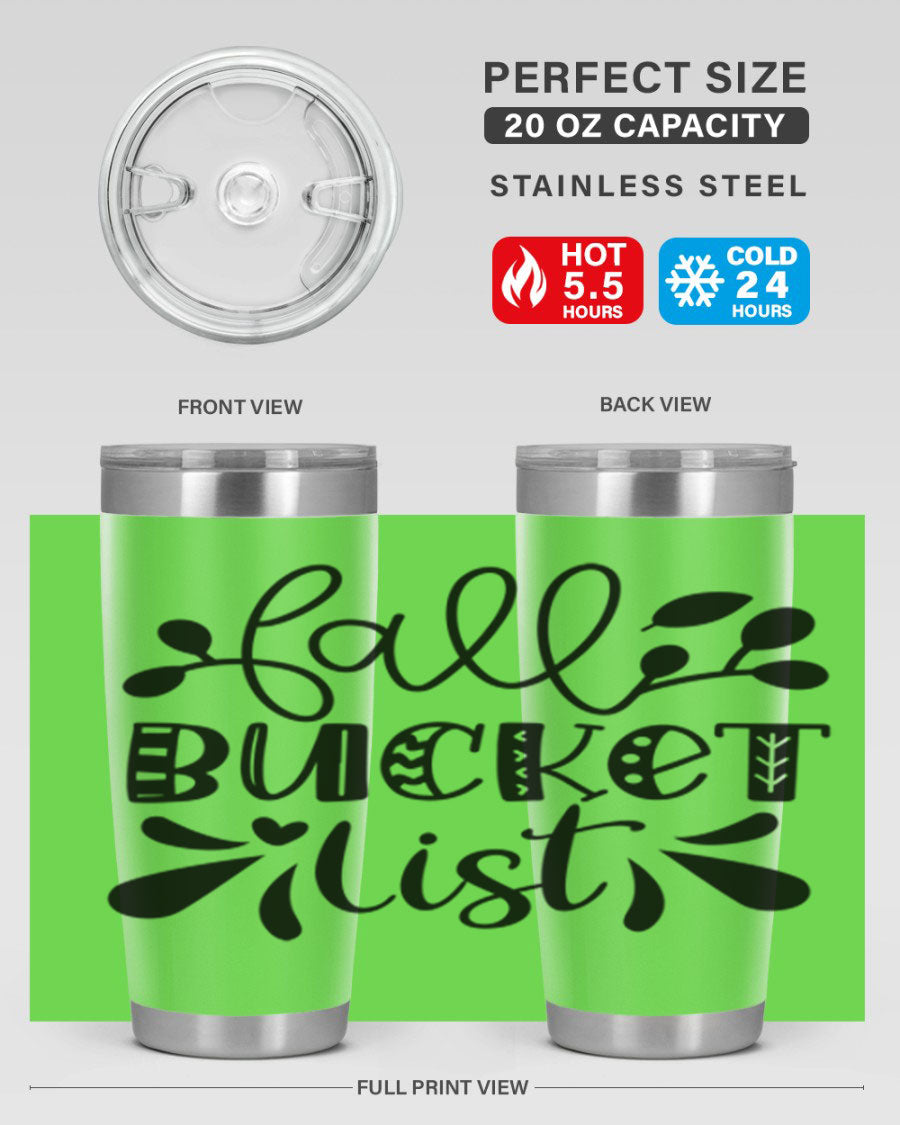 Fall Bucket List 20oz Tumbler made of stainless steel with a copper lining, featuring a drink-thru lid and a stylish autumn-themed design.
