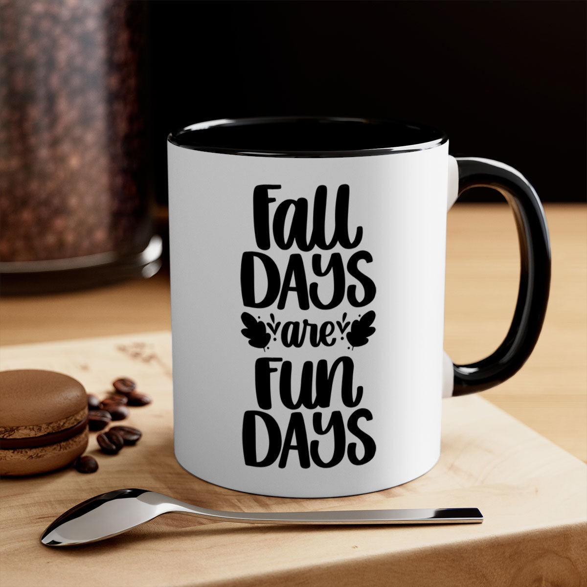 Fall Days Are Fun Days 483# Mug with two-tone design, glossy finish, and colored handle, available in multiple colors and sizes.