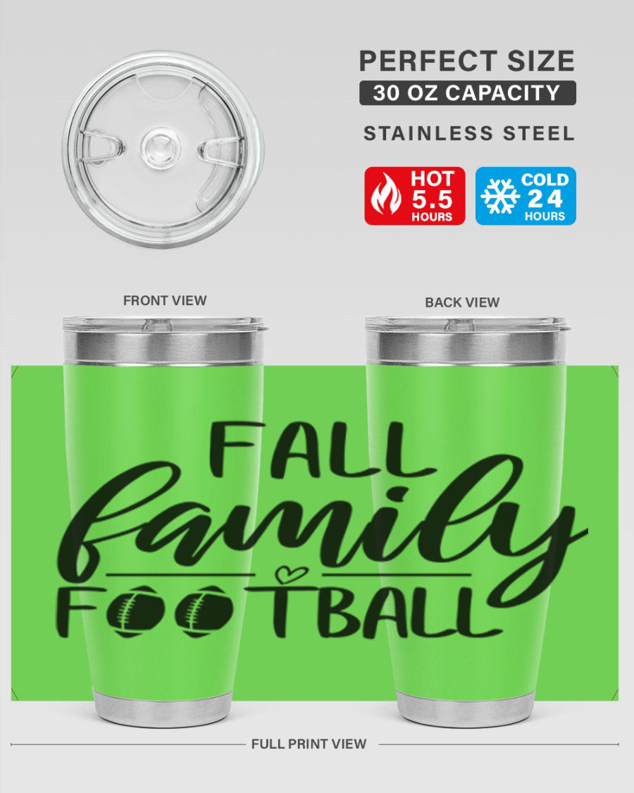 Fall Family Football 100# Tumbler in stainless steel with a fall-themed design, perfect for hot and cold beverages.