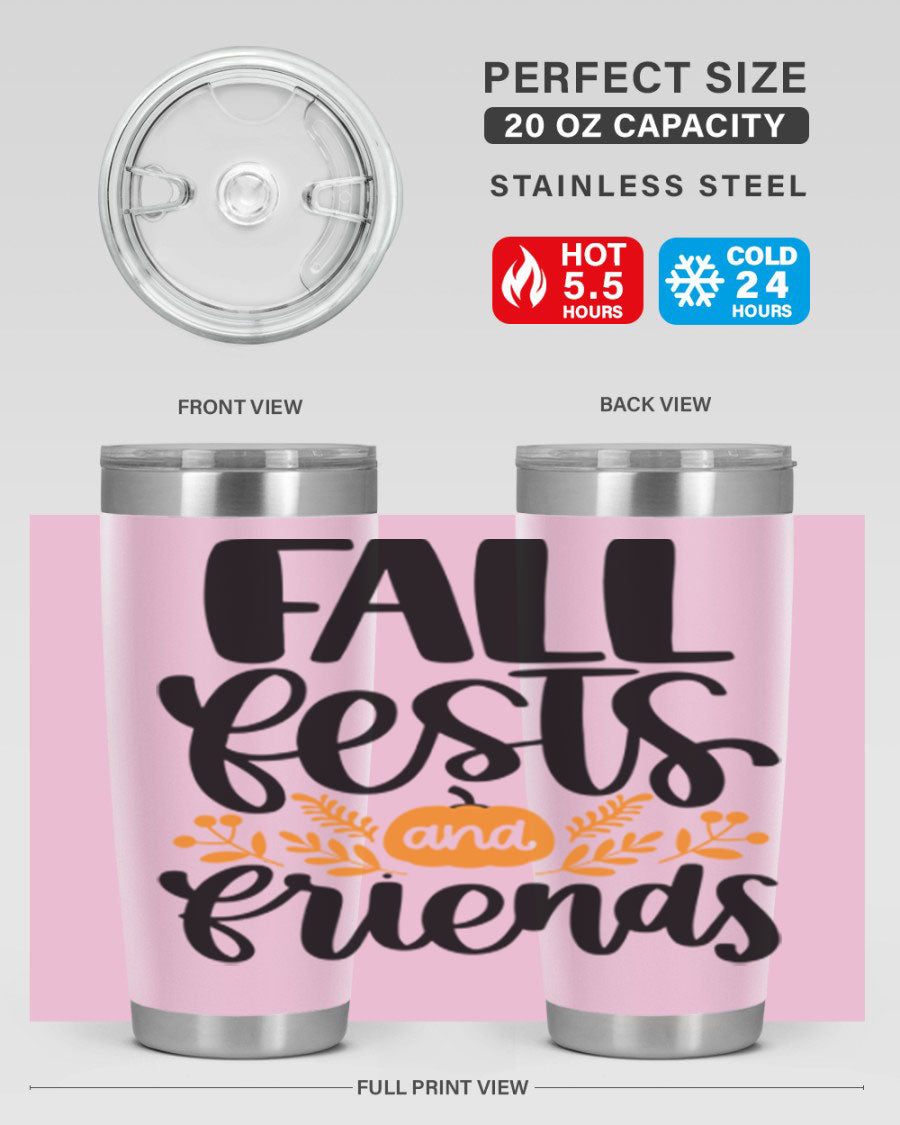 Fall Fests And Friends 20oz Tumbler in stainless steel with a stylish design, perfect for hot and cold beverages.
