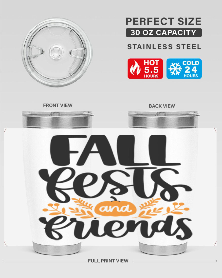 Fall Fests And Friends 20oz Tumbler in stainless steel with a stylish design, perfect for hot and cold beverages.