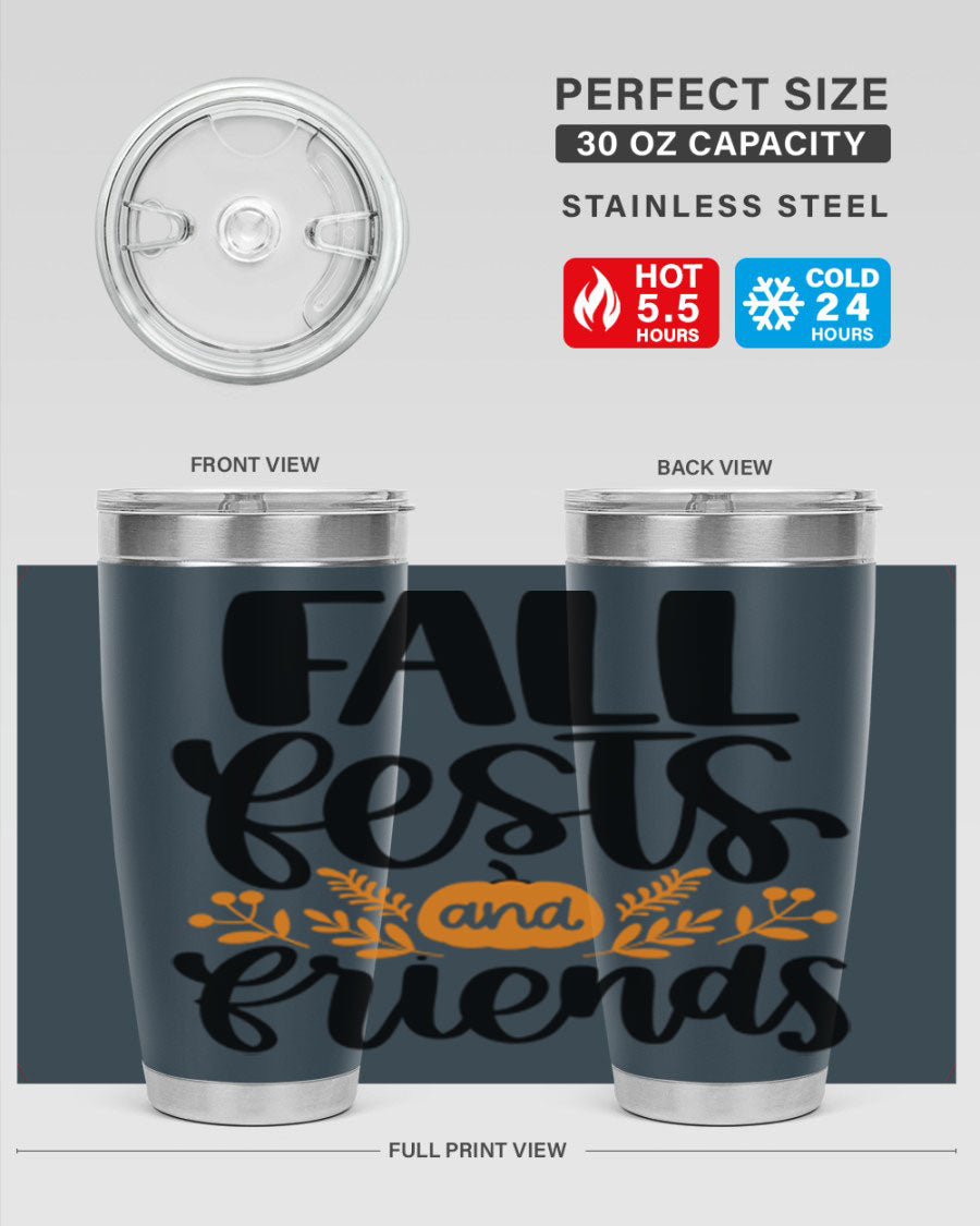 Fall Fests And Friends 20oz Tumbler in stainless steel with a stylish design, perfect for hot and cold beverages.
