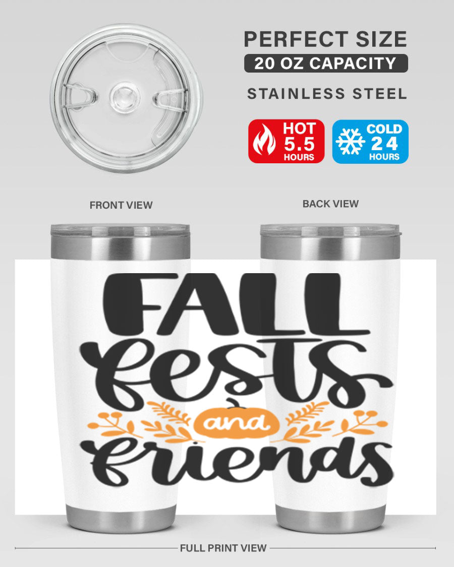 Fall Fests And Friends 20oz Tumbler in stainless steel with a stylish design, perfect for hot and cold beverages.