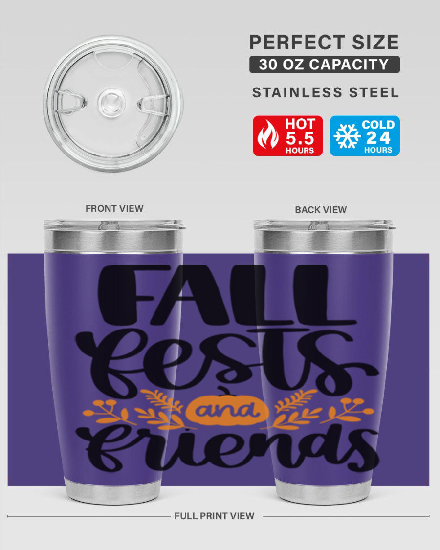 Fall Fests And Friends 20oz Tumbler in stainless steel with a stylish design, perfect for hot and cold beverages.