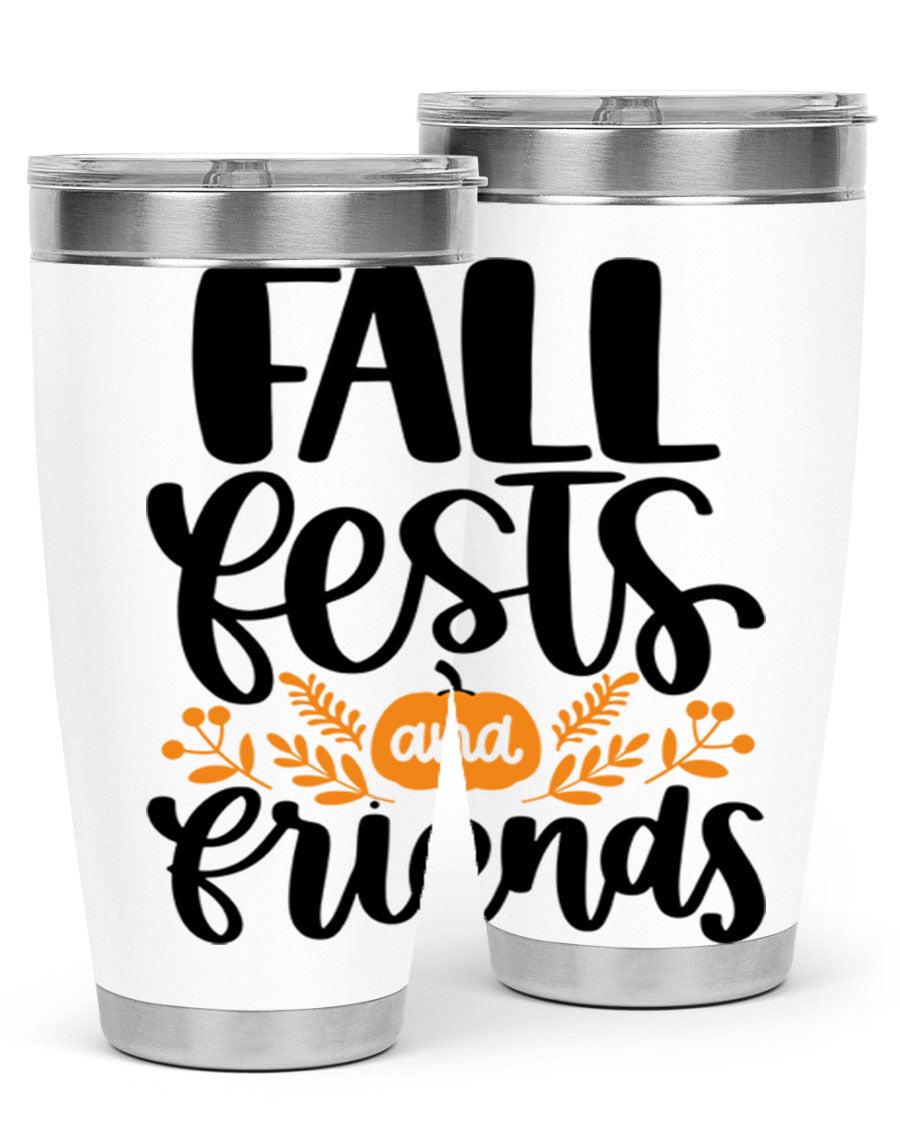 Fall Fests And Friends 20oz Tumbler in stainless steel with a stylish design, perfect for hot and cold beverages.