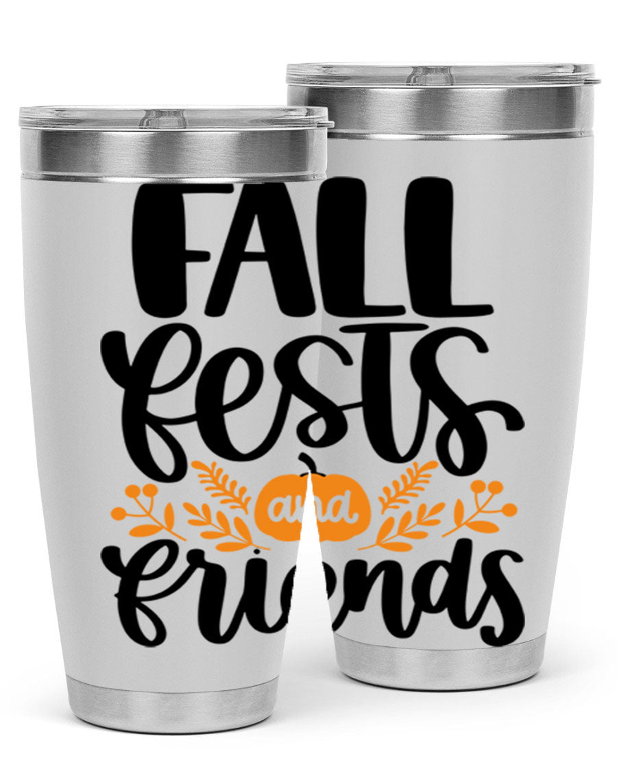 Fall Fests And Friends 20oz Tumbler in stainless steel with a stylish design, perfect for hot and cold beverages.