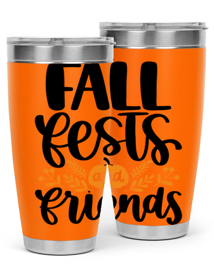 Fall Fests And Friends 20oz Tumbler in stainless steel with a stylish design, perfect for hot and cold beverages.