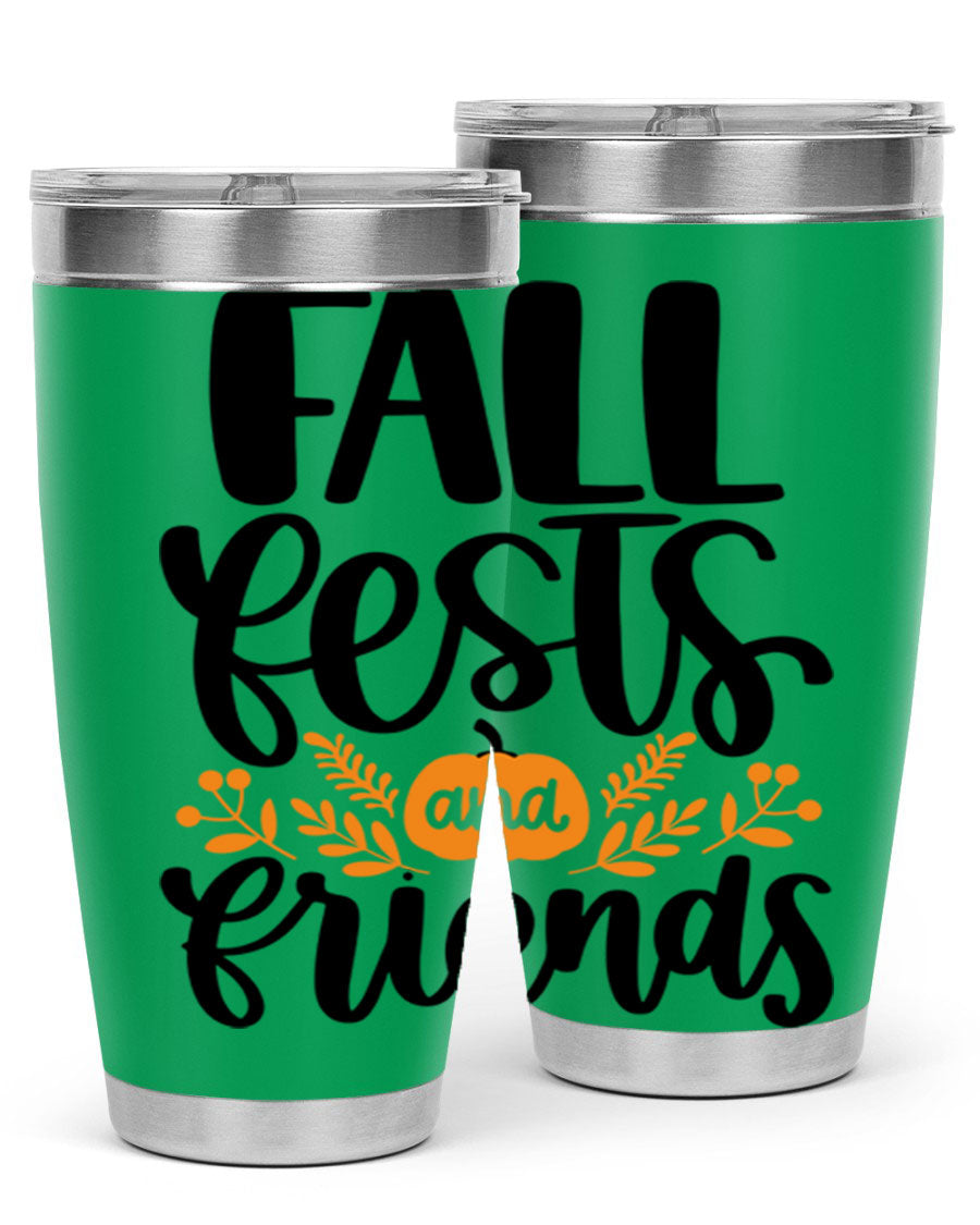 Fall Fests And Friends 20oz Tumbler in stainless steel with a stylish design, perfect for hot and cold beverages.