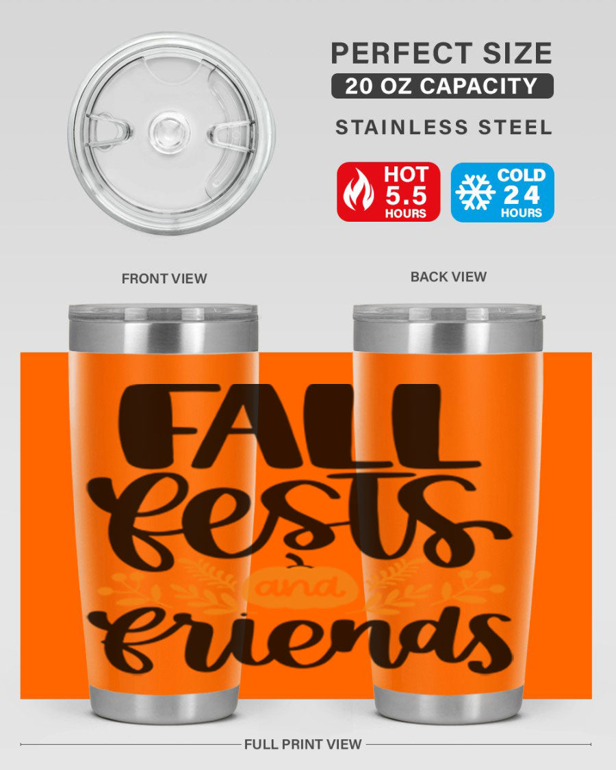 Fall Fests And Friends 20oz Tumbler in stainless steel with a stylish design, perfect for hot and cold beverages.
