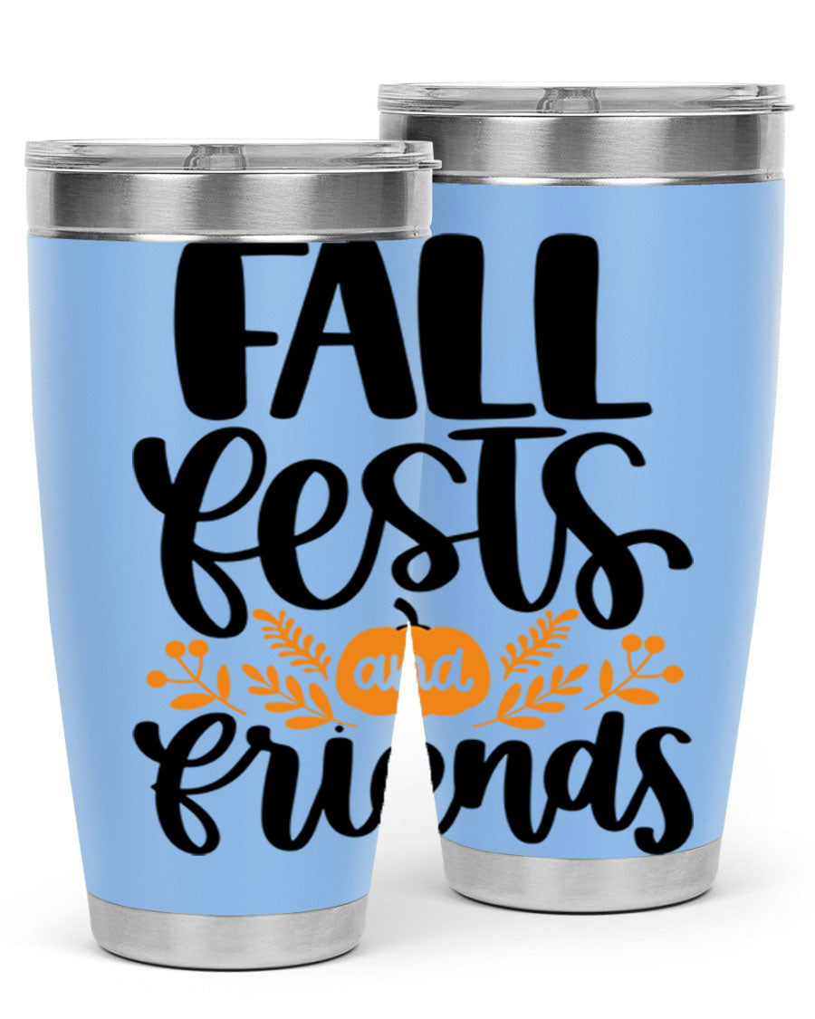 Fall Fests And Friends 20oz Tumbler in stainless steel with a stylish design, perfect for hot and cold beverages.