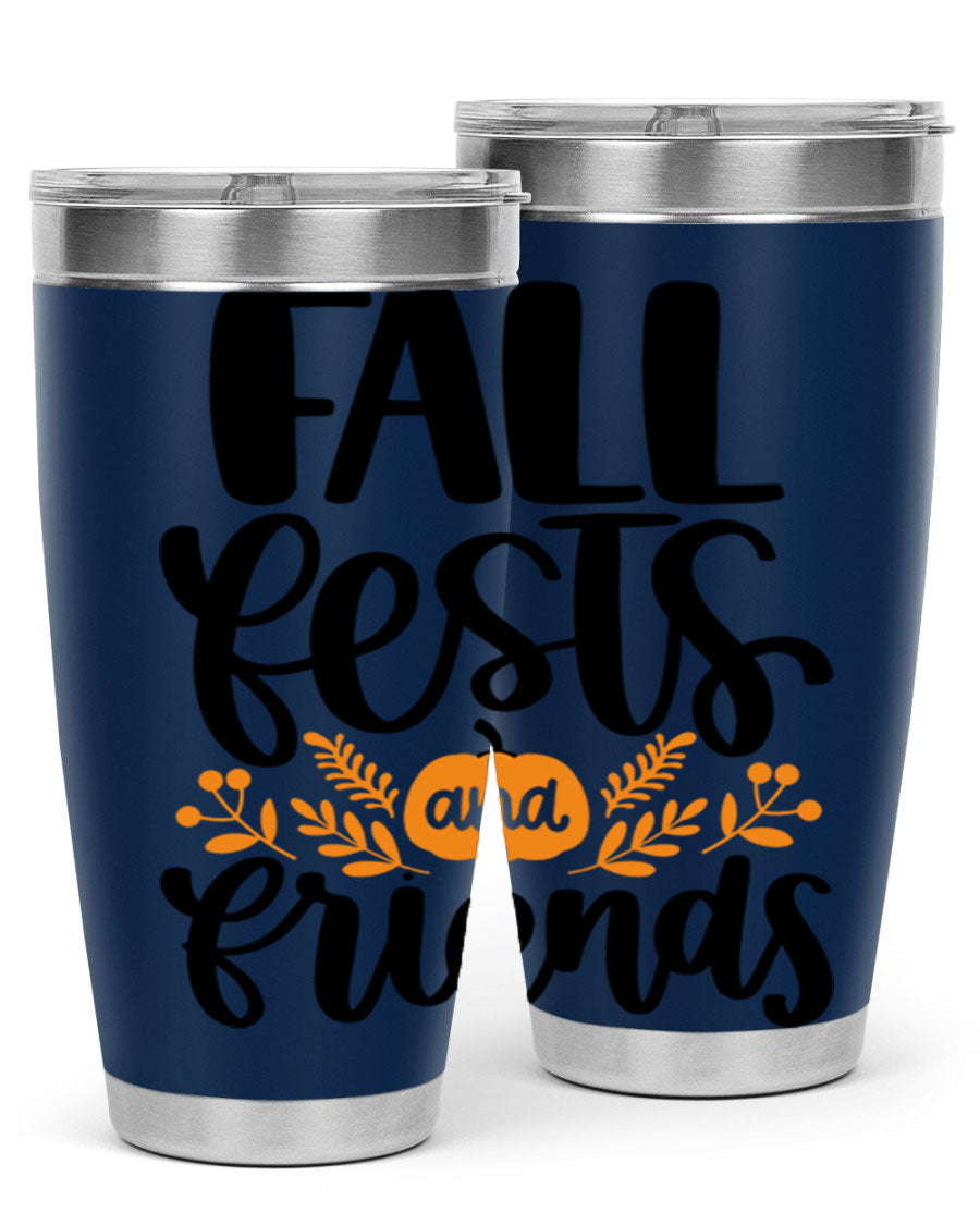 Fall Fests And Friends 20oz Tumbler in stainless steel with a stylish design, perfect for hot and cold beverages.