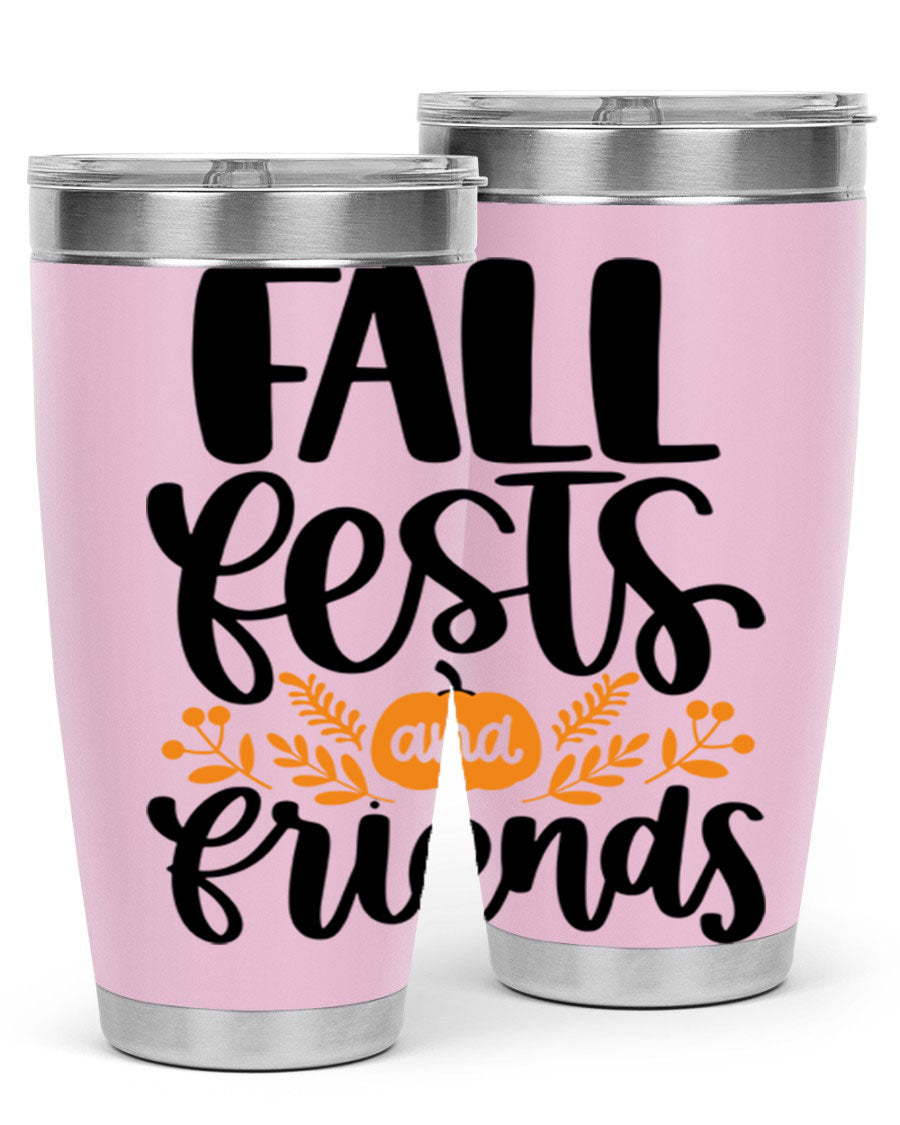 Fall Fests And Friends 20oz Tumbler in stainless steel with a stylish design, perfect for hot and cold beverages.
