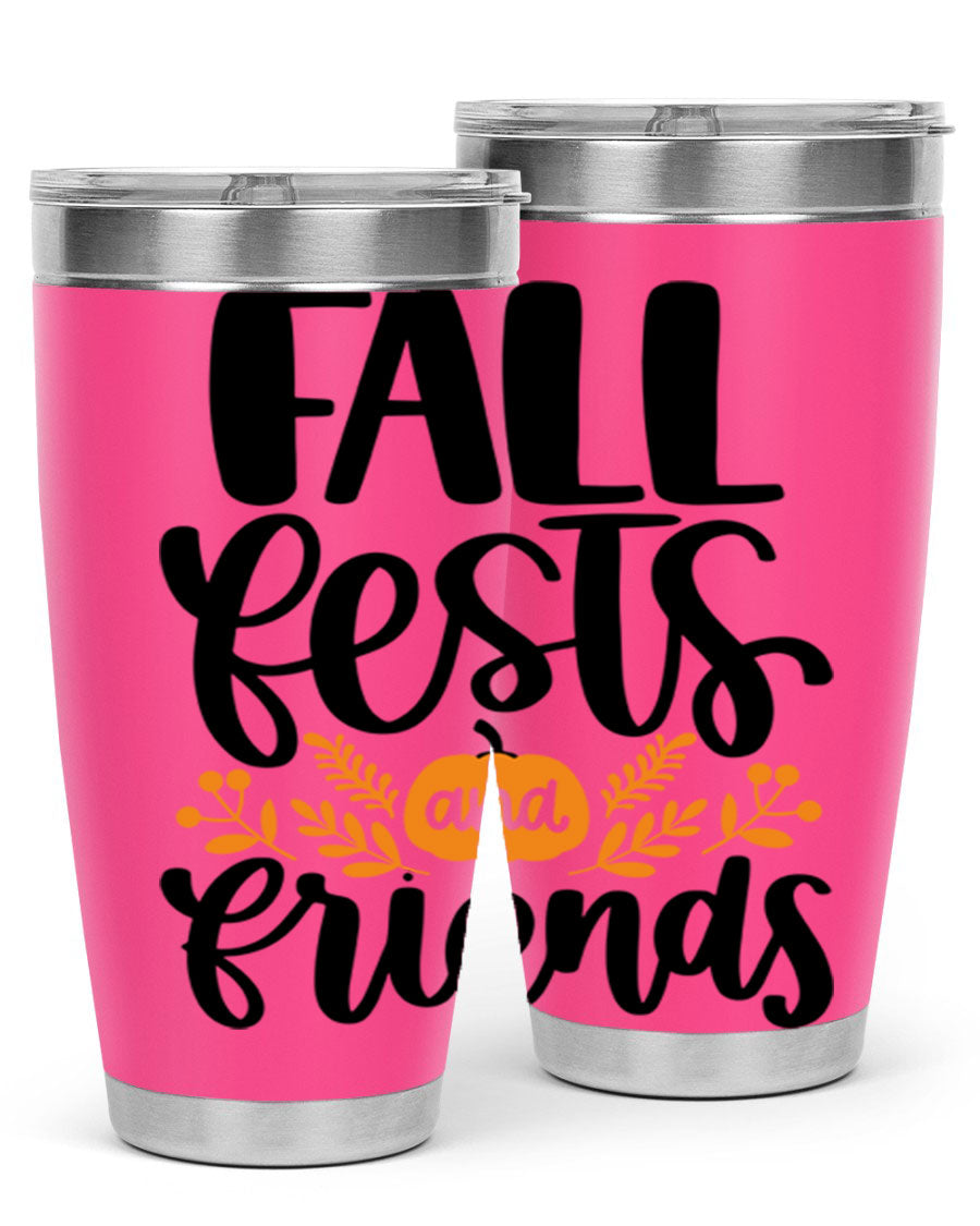 Fall Fests And Friends 20oz Tumbler in stainless steel with a stylish design, perfect for hot and cold beverages.