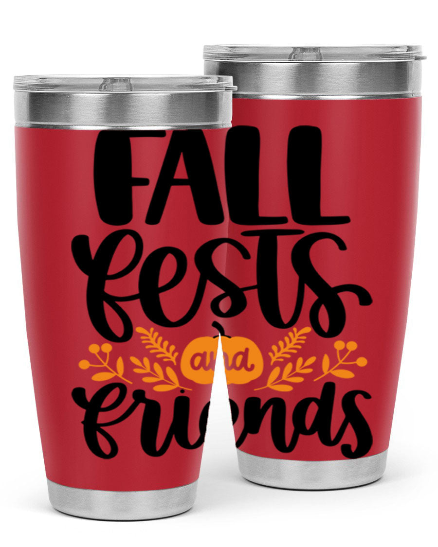 Fall Fests And Friends 20oz Tumbler in stainless steel with a stylish design, perfect for hot and cold beverages.