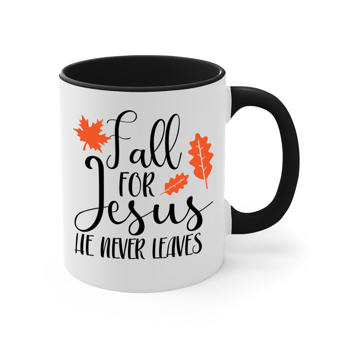 Fall For Jesus He Never Leaves Mug with colorful handle and glossy finish, available in multiple sizes.