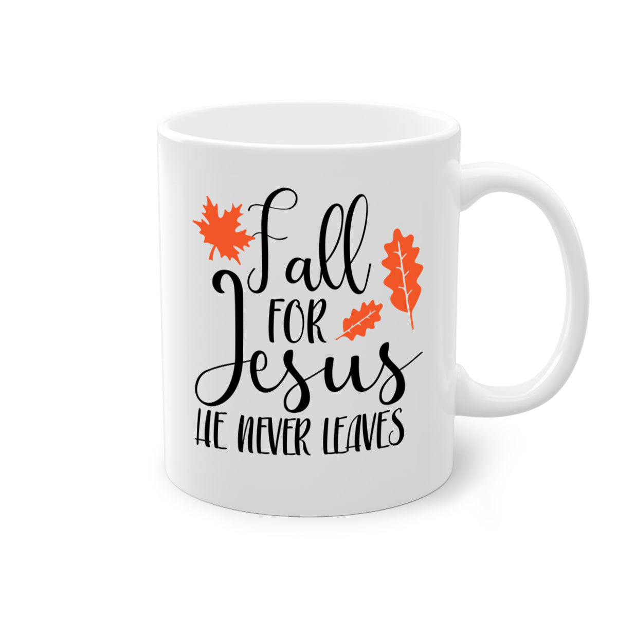 Fall For Jesus He Never Leaves Mug with colorful handle and glossy finish, available in multiple sizes.