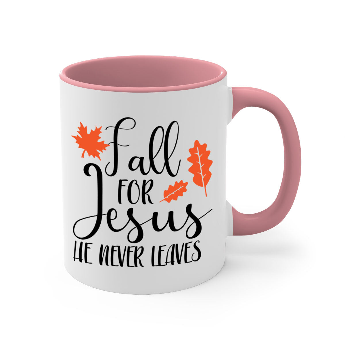 Fall For Jesus He Never Leaves Mug with colorful handle and glossy finish, available in multiple sizes.