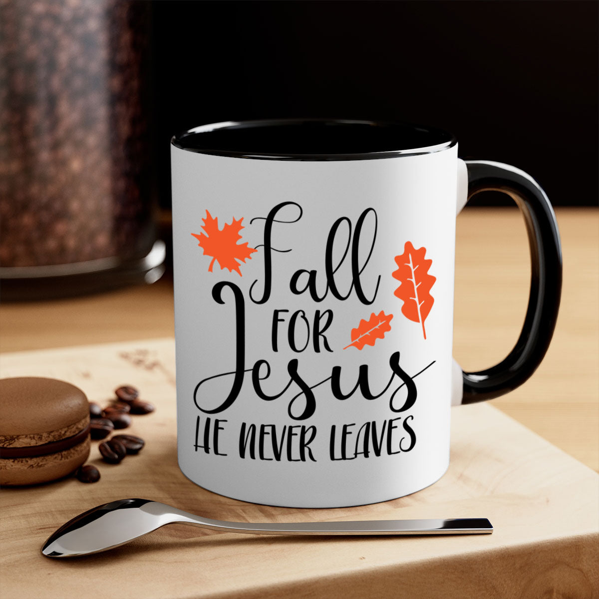 Fall For Jesus He Never Leaves Mug with colorful handle and glossy finish, available in multiple sizes.