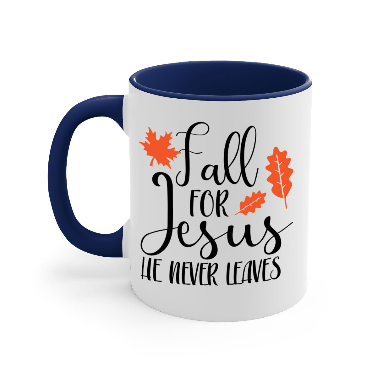 Fall For Jesus He Never Leaves Mug with colorful handle and glossy finish, available in multiple sizes.