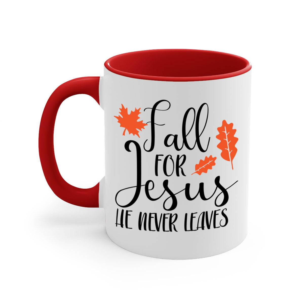 Fall For Jesus He Never Leaves Mug with colorful handle and glossy finish, available in multiple sizes.