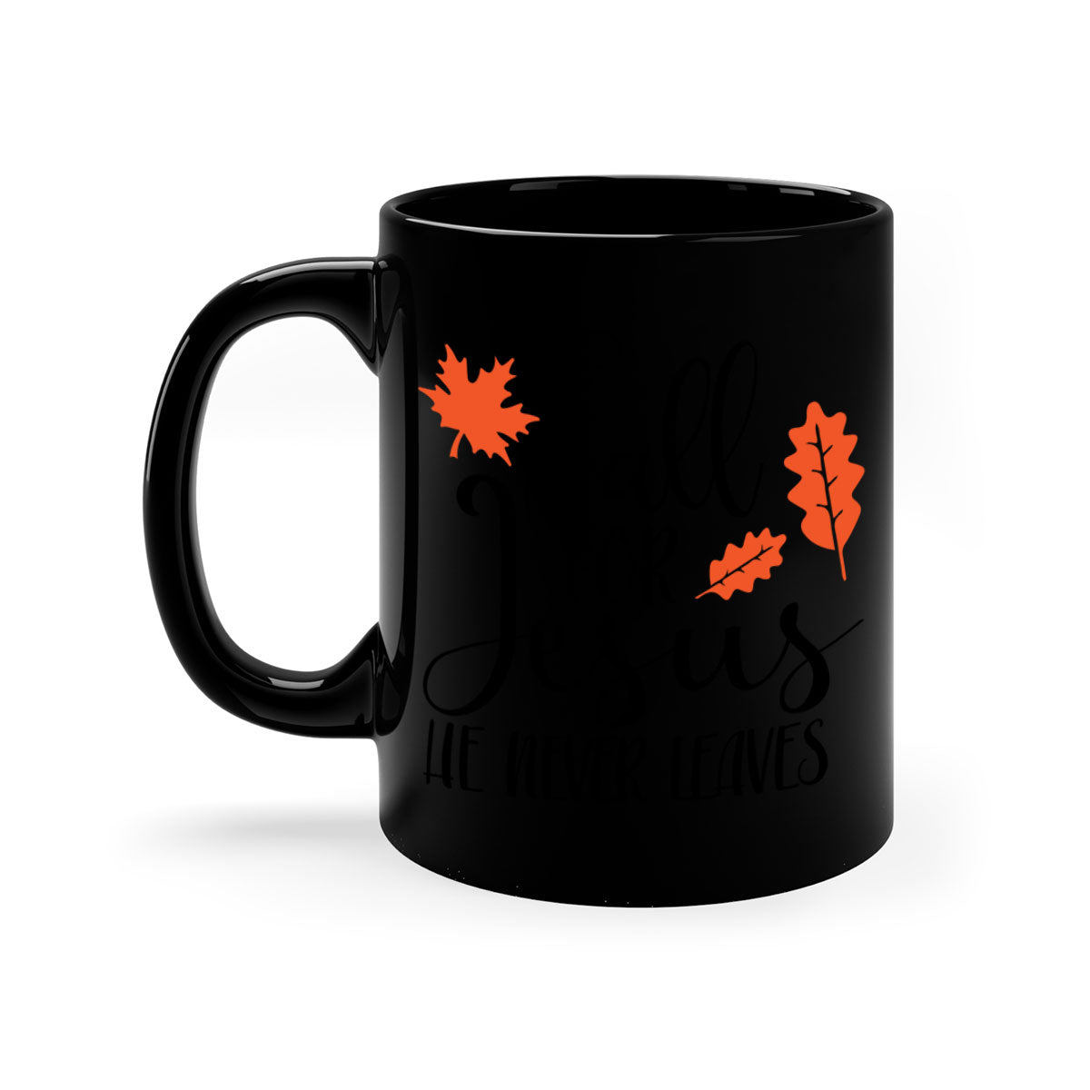 Fall For Jesus He Never Leaves Mug with colorful handle and glossy finish, available in multiple sizes.