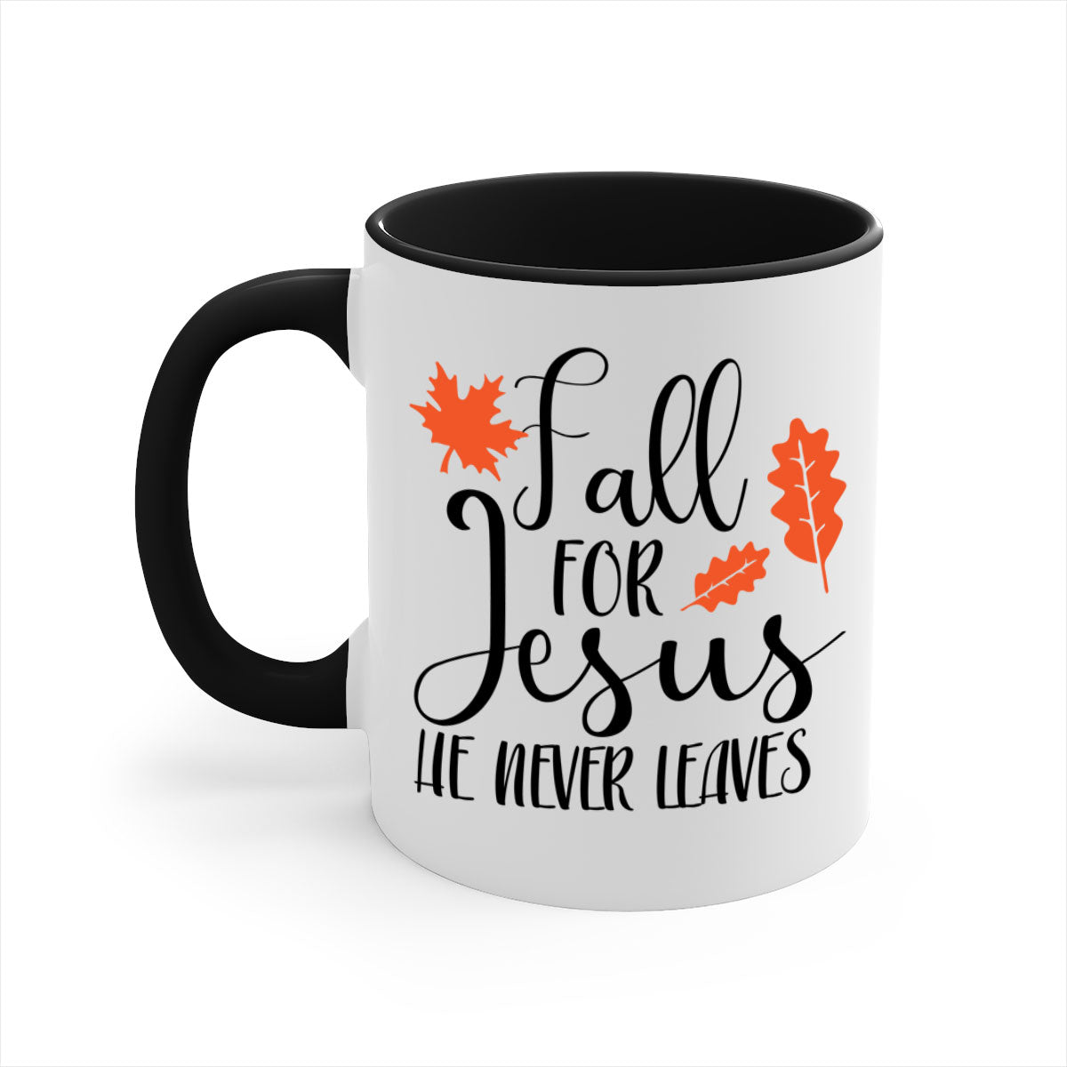 Fall For Jesus He Never Leaves Mug with colorful handle and glossy finish, available in multiple sizes.