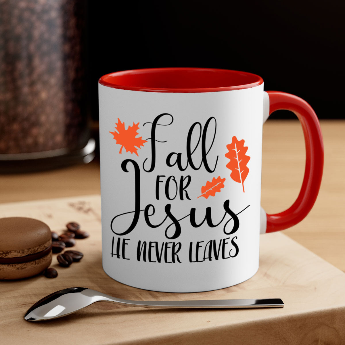Fall For Jesus He Never Leaves Mug with colorful handle and glossy finish, available in multiple sizes.