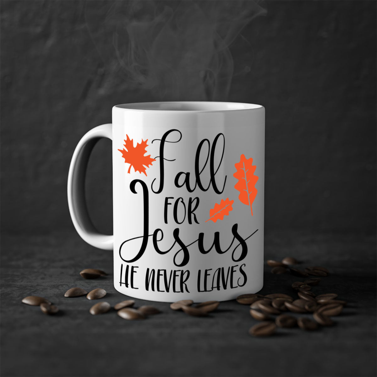 Fall For Jesus He Never Leaves Mug with colorful handle and glossy finish, available in multiple sizes.