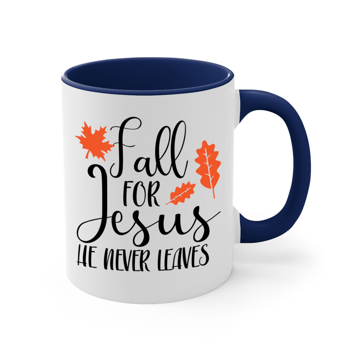 Fall For Jesus He Never Leaves Mug with colorful handle and glossy finish, available in multiple sizes.
