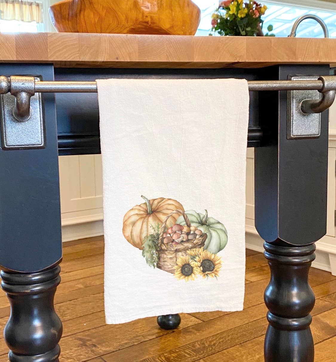 A vibrant Fall Harvest Cotton Tea Towel featuring autumn-themed designs, made from 100% absorbent cotton, perfect for kitchen use.
