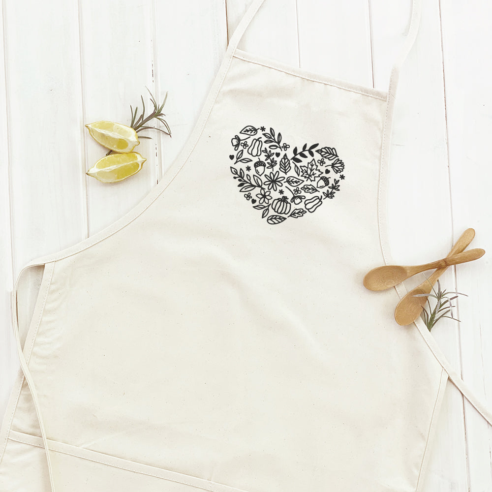 Fall Heart Women's Apron featuring elegant design and divided front pocket, made from durable cotton canvas.