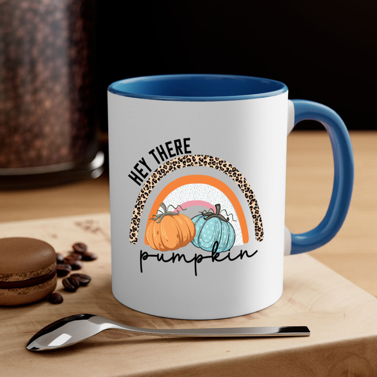 Fall Hey There Pumpkin Mug with colorful handle and interior, showcasing a glossy finish and autumn-themed design.